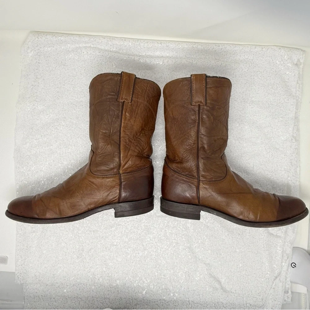 Men’s Justin USA Brown Leather Round Toe western Roper Cowboy boots 91/2D